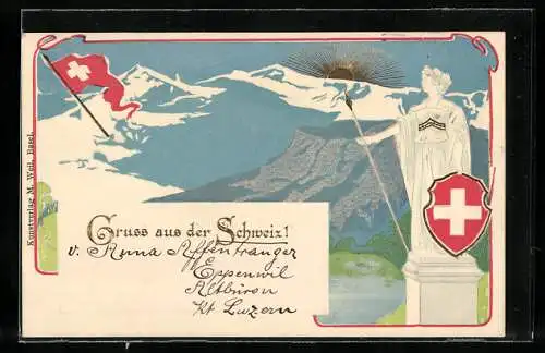 AK Helvetia mit Speer und Wappen, Schweizer Fahne bei Sonnenaufgang