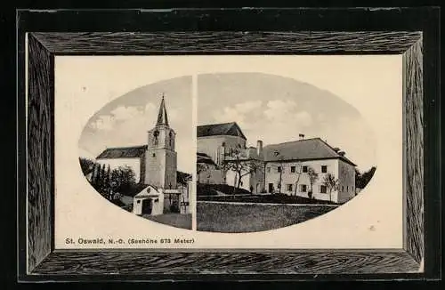 Präge-AK St. Oswald /N.-Ö., Ansichten des Klosterareals, im Holzimitats-Passepartout