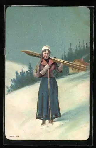 Lithographie Junge Frau mit ihren Skiern und Skistöcken