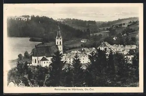 AK Reichenau, Teilansicht mit Kirche und Wald aus der Vogelschau