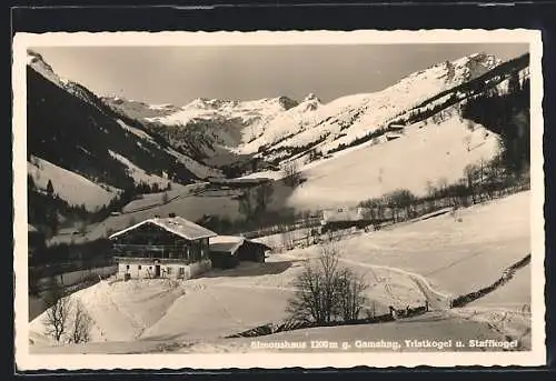 AK Saalbach, Simonshaus, Ansicht geg. Gamshag, Tristkogel und Staffkogel