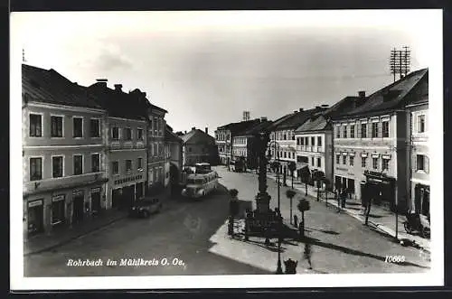 AK Rohrbach, Hauptplatz mit Geschäften und Mariensäule