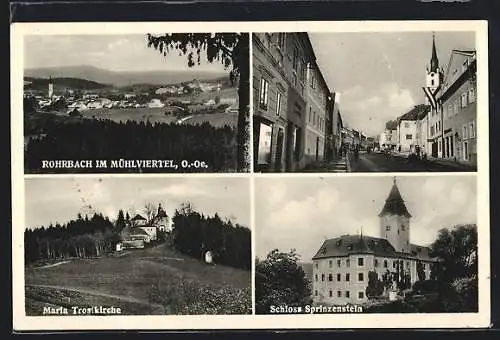 AK Rohrbach im Mühlviertel, Schloss Sprinzenstein, Maria Trostkirche, Strassenpartie