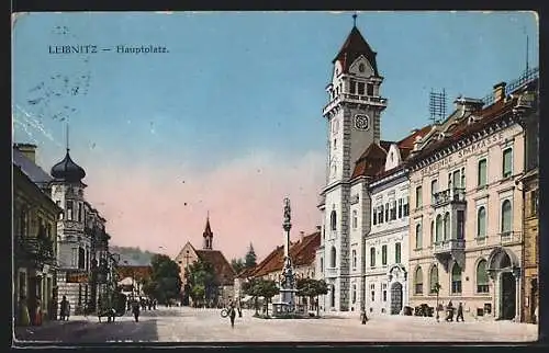 AK Leibnitz, Hauptplatz mit Türmen und Säulendenkmal