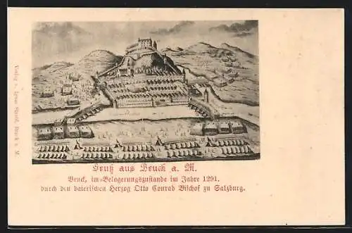 Künstler-AK Bruck a. M., Historische Ansicht der Belagerung 1291