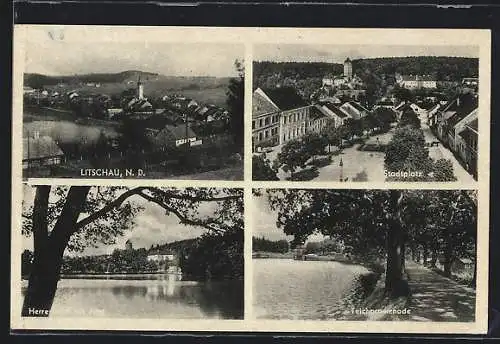 AK Litschau /N.-D, Herrenteich mit Burg, Stadtplatz, Teichpromenade