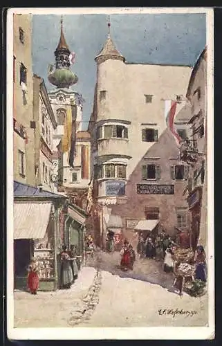 Künstler-AK E.F. Hofecker: Gmunden, Pfarrgasse im Sonnenschein