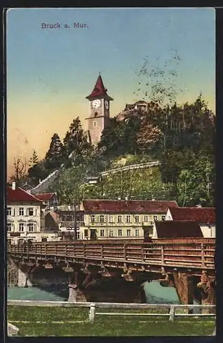 AK Bruck a. Mur, Ortspartie mit Brücke