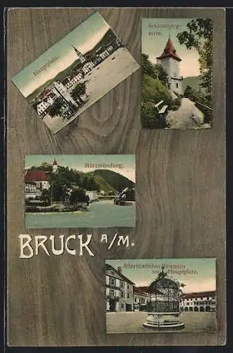 AK Bruck a. M., Hauptplatz, Altertümlicher Brunnen, Schlossbergturm, Mürzmündung