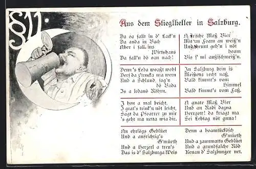 AK Salzburg, Gasthaus Stieglkeller, Biertrinker leert den Bierkrug