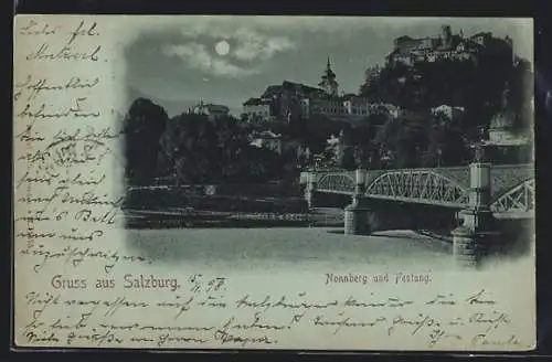 Mondschein-AK Salzburg, Nonnberg und Festung