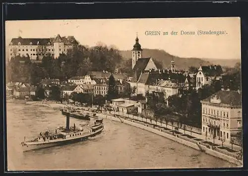 AK Grein an der Donau /Strudengau, Dampfer vor dem Ort