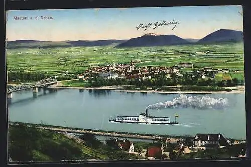 AK Mautern a. d. Donau, Ortsansicht mit Dampfer