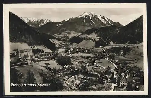 AK Gr. Hollenstein a. d. Ybbs, Ortsansicht gegen die schneebedeckten Bergspitzen