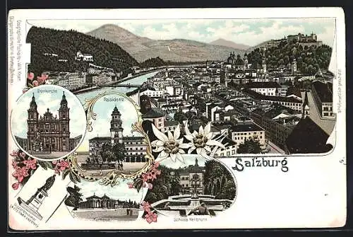Lithographie Salzburg, Gesamtansicht mit Bergblick, Domkirche, Residenz
