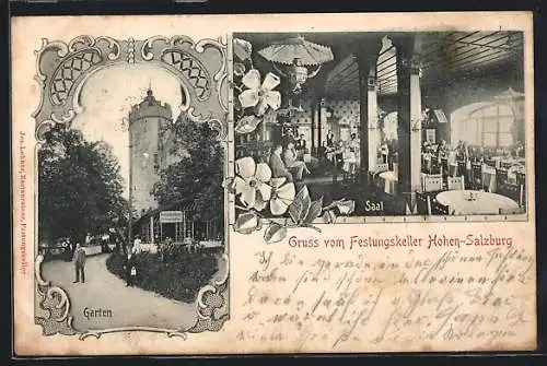 AK Salzburg, Festungskeller Hohen-Salzburg, Gastsaal, Garten