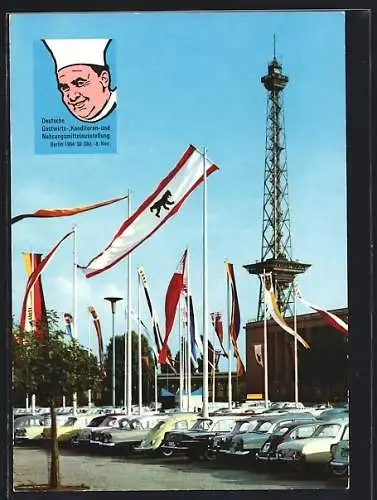 AK Berlin, Deutsche Gastwirts-, Konditoren- und Nahrungsmittelausstellung 1964, Autos vor dem Funkturm
