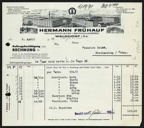 Rechnung Walddorf i. Sa. 1937, Hermann Frühauf, Mech. Leinen- & Baumwollweberei, Das Werk aus zwei Perspektiven