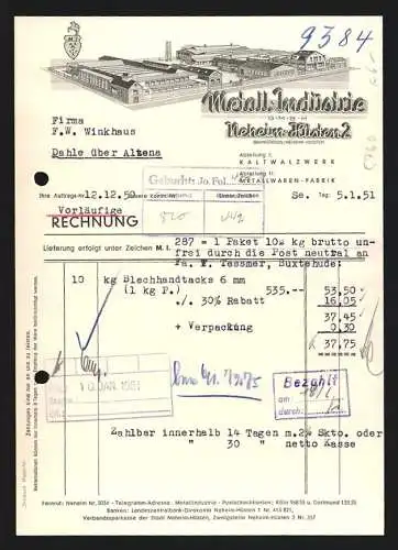 Rechnung Neheim-Hüsten 1951, Metall-Industrie GmbH, Modellansicht der gesamten Fabrikanlage