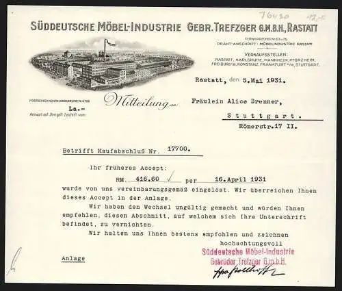 Rechnung Rastatt 1931, Gebr. Trefzger GmbH, Süddeutsche Möbel-Industrie, Gesamtansicht der Betriebsanlage