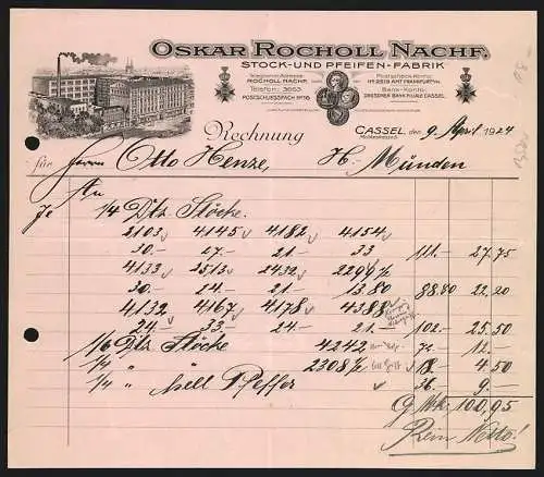Rechnung Cassel 1924, Oskar Rocholl Nachf., Stock- & Pfeifen-Fabrik, Geschäftsgelände mit Betriebshof