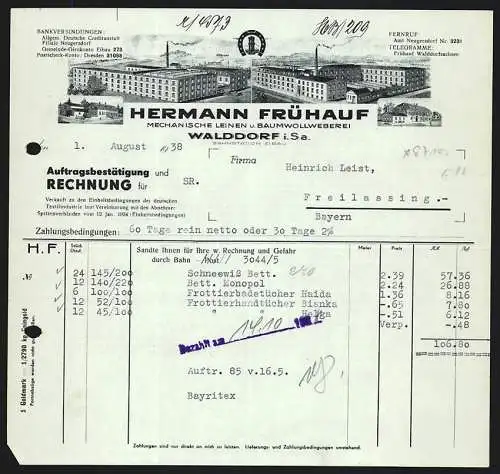 Rechnung Walddorf i. Sa. 1938, Hermann Frühauf, Mech. Leinen- & Baumwollweberei, Das Werk aus zwei Perspektiven