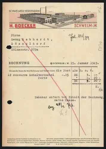 Rechnung Schwelm i. W. 1949, H. Boecker, Herdfabrik, Modellansicht der Fabrikanlage mit Transportfahrzeugen