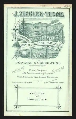 Rechnung Todtnau /Badischer Schwarzwald, J. Ziegler-Thoma, Mechanische Papier- & Holzstoff-Fabriken, Diverse Werke