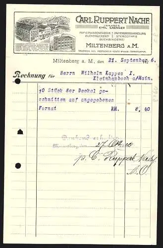 Rechnung Miltenberg a. M. 1926, Carl Ruppert Nachf., Papierwarenfabrik, Betriebsansicht und ein Neubau