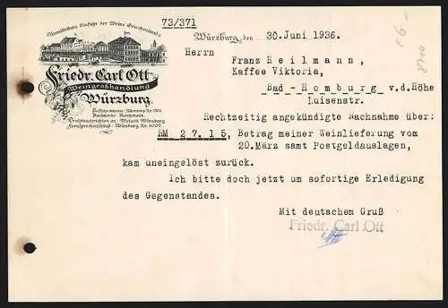 Rechnung Würzburg 1936, Friedr. Carl Ott, Weingrosshandlung, Einfahrt zum Lagerplatz der Betriebsstelle