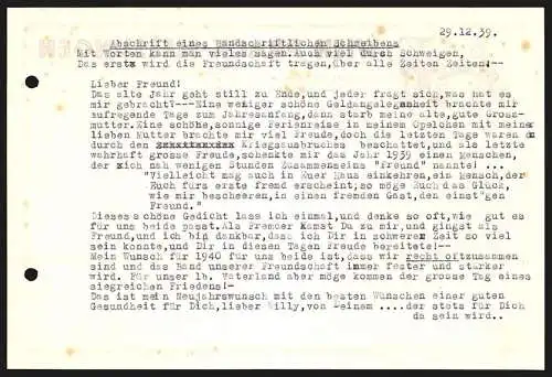 Rechnung Melsungen 1939, Wilh. Prack, Herren-Mass-Schneiderei, Hermes zu Pferde am Geschäftshaus