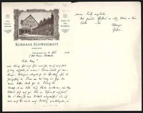Rechnung Schweigmatt 1912, Kurhaus Schweigmatt, Blick auf das alte Fachwerkhaus