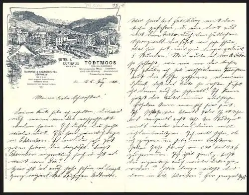 Briefkopf Todtmoos 1910, Hotel & Kurhaus Todtmoos, Gesamtansicht und Kurhaus & Salinenhotel Dürrheim