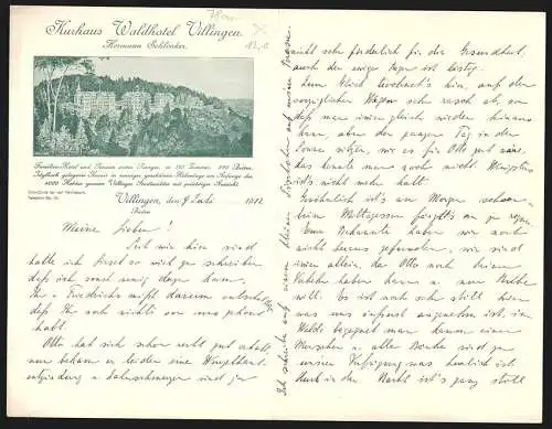 Briefkopf Villingen 1912, Hermann Schlenker, Kurhaus Waldhotel Villingen, Gesamtansicht auf dem Berg