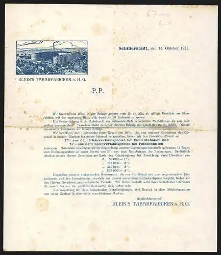 Rechnung Schifferstadt 1921, Klein`s Tabakfabriken o. H. G., Gesamtansicht der Fabrikanlage aus der Vogelschau