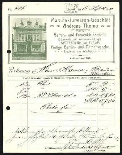 Rechnung Lörrach 1908, Andreas Thoma, Manufakturwaren-Geschäft, Fassade des Geschäftshauses
