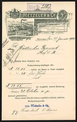 Rechnung München 1900, Metzeler & Co., Kgl. Bayer. Hof-Gummi-Waaren-Fabrik, Gesamtansicht aus der Vogelschau