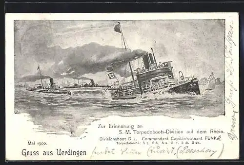 Künstler-AK Torpedoboots-Division, Divisionsboot D.4 auf dem Rhein