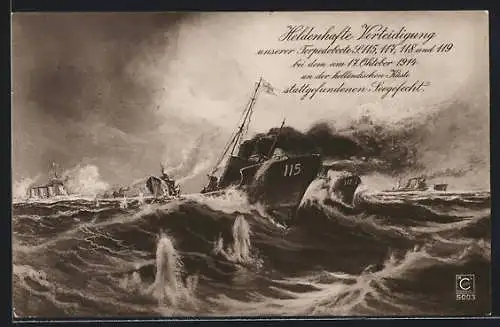 Künstler-AK Torpedoboote 115, 117 u. a. im Seegefecht