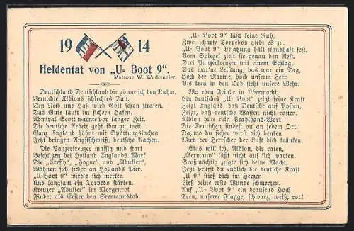 AK Heldentat von U-Boot 9, Gedicht von Matrose W. Wedemeier