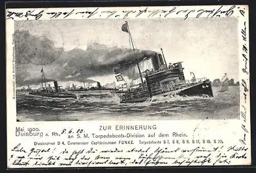 Künstler-AK SM Torpedoboots-Division auf dem Rhein, Divisionsboot D4 mit Kapitänleutnant Funke