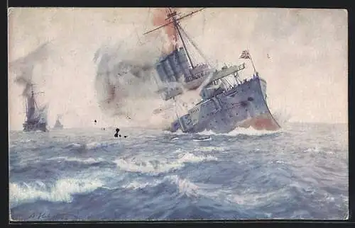 Künstler-AK Die Vernichtung der englischen Kreuzer Aboukir, Cressy und Hogue durch U-Boot 9