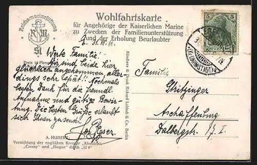 Künstler-AK Die Vernichtung der englischen Kreuzer Aboukir, Cressy und Hogue durch U-Boot 9
