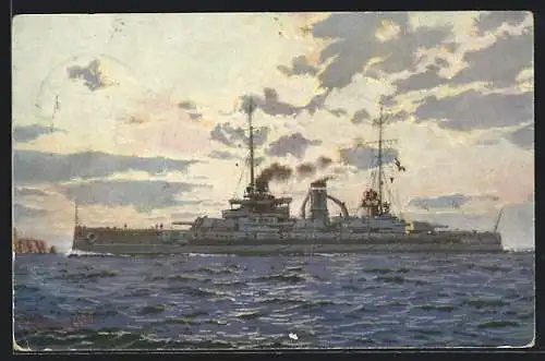 Künstler-AK Kriegsschiff S.M.S. Rheinland nahe der Küste