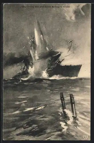 Künstler-AK Vernichtung des englischen Kreuzers Hawke durch ein U-Boot