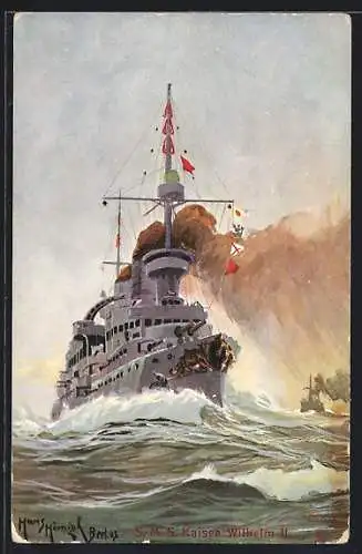 Künstler-AK Kriegsschiff S.M.S. Kaiser Wilhelm II. in voller Fahrt