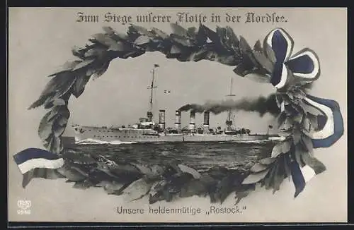 AK Kriegsschiff Rostock in der Nordsee