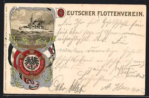 Lithographie Kriegsschiff, Deutscher Flottenverein, Reichskriegsfahne