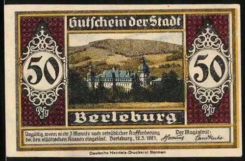 Notgeld Berleburg 1921, 50 Pfennig, Blick zum Schloss