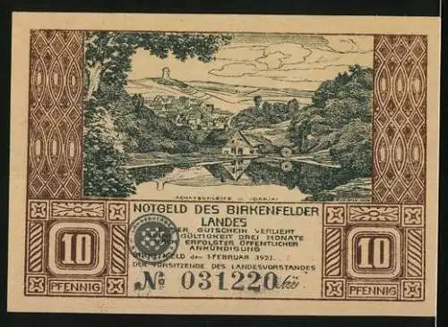 Notgeld Birkenfeld 1921, 10 Pfennig, Schleifer mit Zwerchsack auf der Schulter